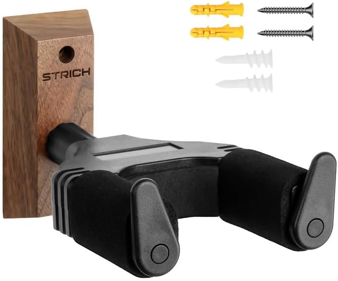 STRICH Guitar Wall Mount,Walnut Base Guitar Hanger,U-Shaped Guitar Wall Hanger Mount with Screws,Auto Lock Guitar Holder Hook Stand for Acoustic, Electric Guitar, Banjo, Bass(3-Pack) - Image 2